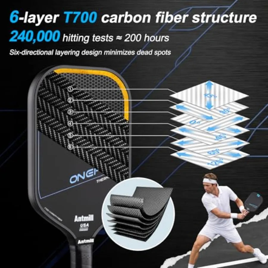 Pickleball paddle with carbon fiber structure details and a player in the background