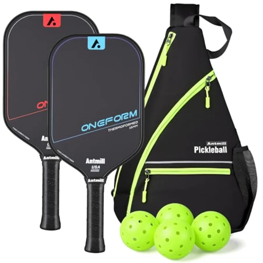 Antmill Oneform pickleball set including two black paddle faces with red and blue accents, a black carrying bag with neon green zippers, and three neon green pickleballs on a white background.