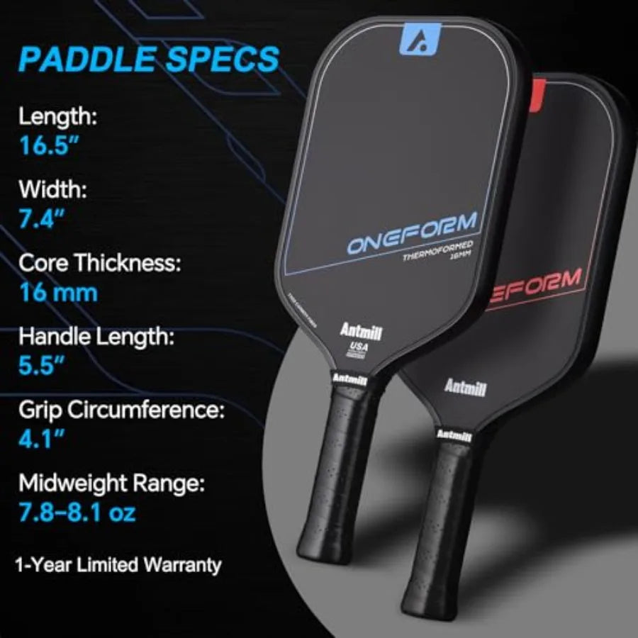 Two black Antmill paddle sports pickleball paddles shown on a dark graphic background with blue text listing paddle specs such as length, width, core thickness, handle length, grip circumference, and midweight range.