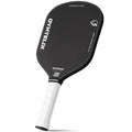 Black pickleball paddle with white handle on a white background