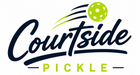 Courtside Pickle logo with a dark navy script wordmark and a lime green pickle ball graphic on a white background.