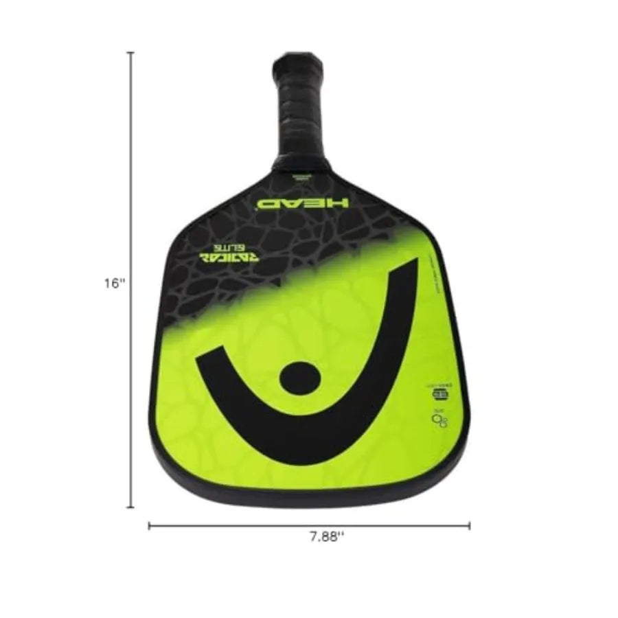 A pickleball paddle shown on a white background with dimension lines indicating 16 inches tall and 7.88 inches wide.