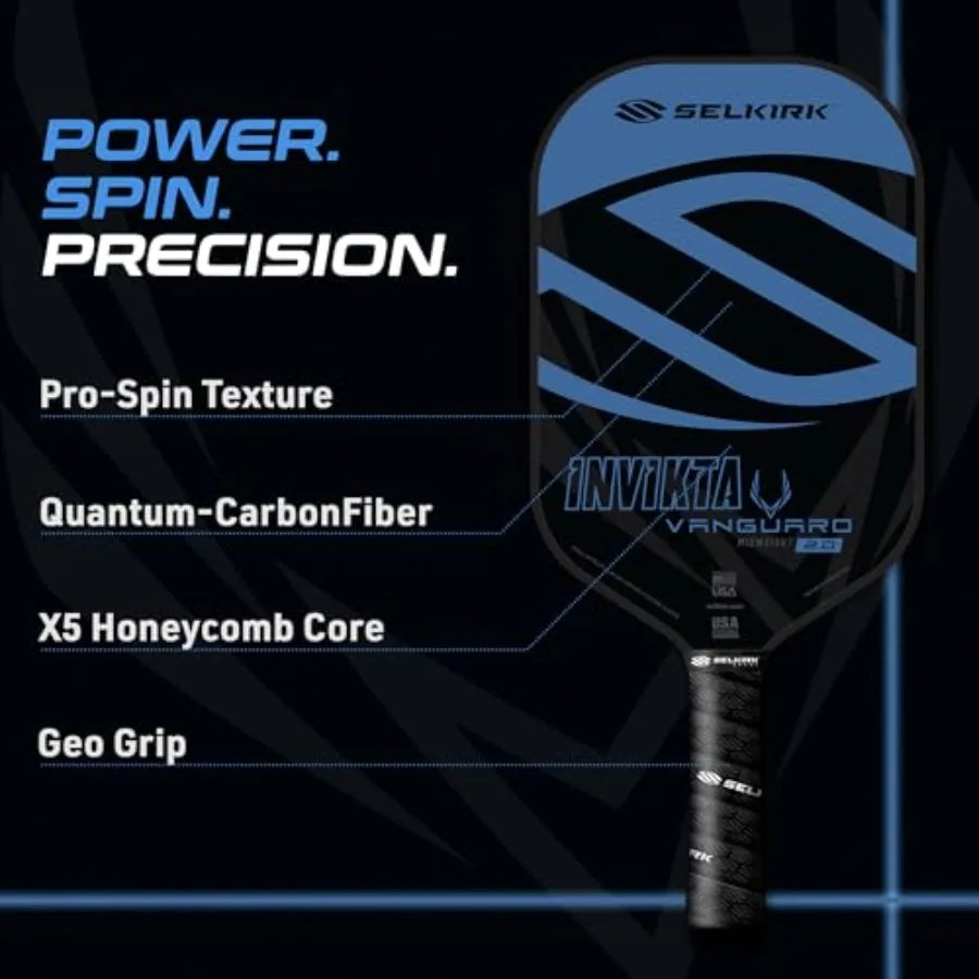 Selkirk Invika Vanguard Pro pickleball paddle on a dark blue graphic background with feature callouts including Pro-Spin Texture, Quantum-CarbonFiber, X5 Honeycomb Core, and Geo Grip.