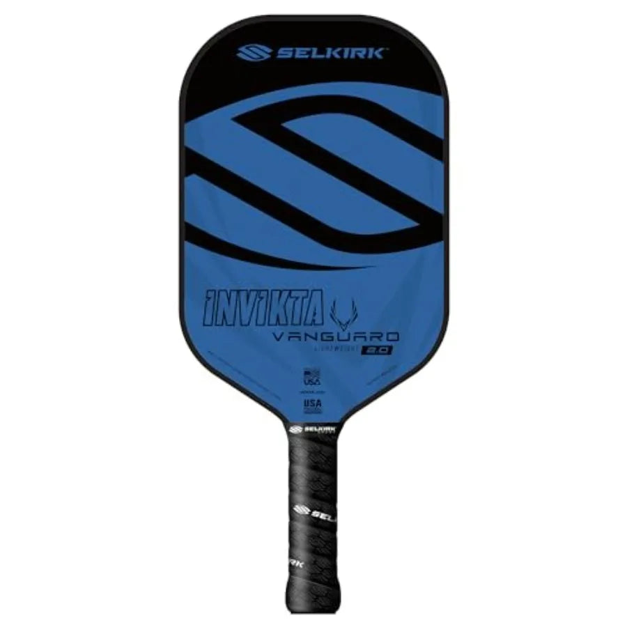 A Selkirk Invikta Vanguard pickleball paddle featuring a blue and black face with a black wrapped handle, shown against a plain white background.