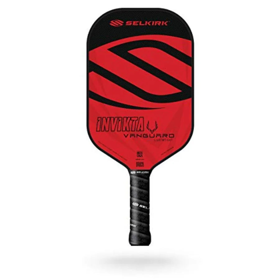 A Selkirk Invicta Vanguard pickleball paddle cover in red and black, shown on a white background with a soft shadow underneath.
