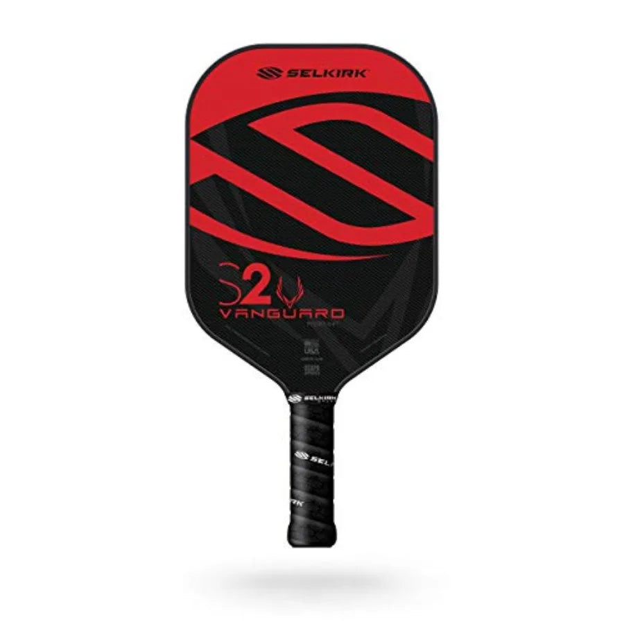 A Seljuk S2U Vanguard pickleball paddle with a black and red design, shown against a plain white background with a soft shadow underneath.