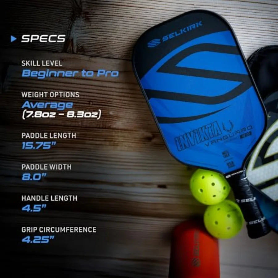 Blue pickleball paddle with Selkirk branding on a wooden surface, accompanied by text detailing specifications.