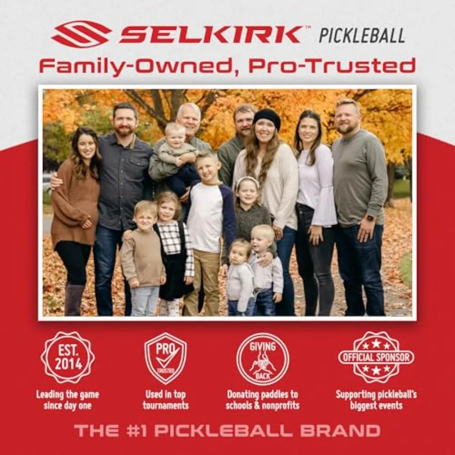 Family photo with Selkirk Pickleball branding and promotional text on a red background
