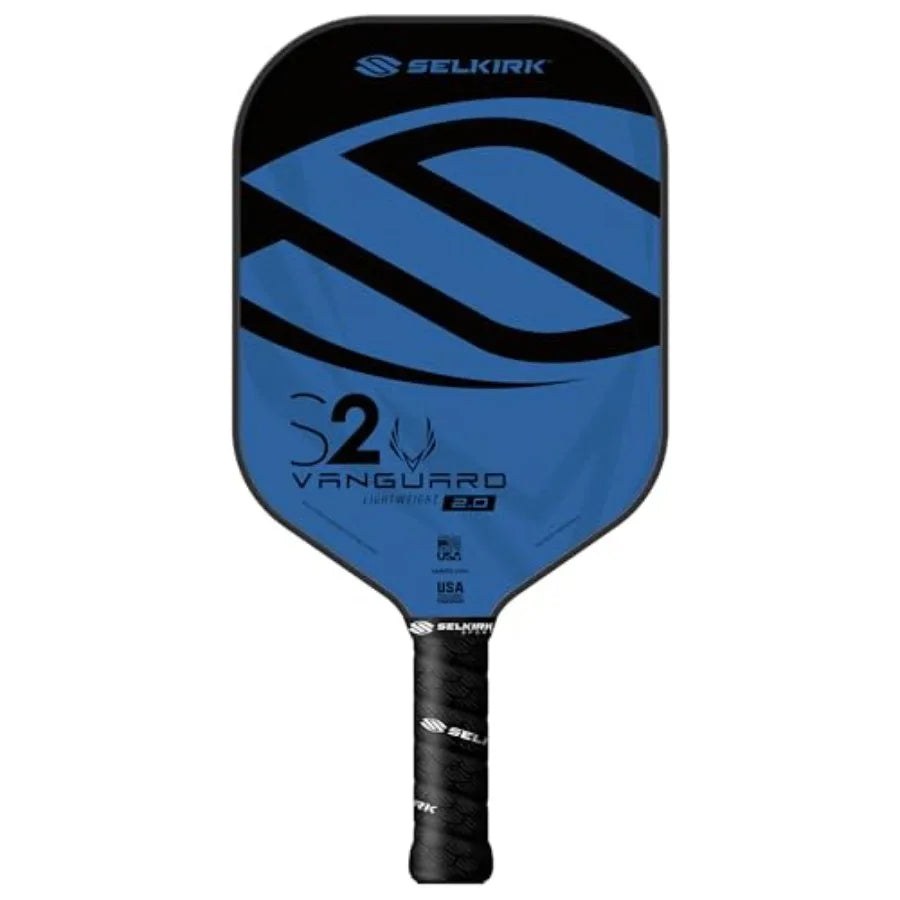 A Selkirk S2 Vanguard 2.0 pickleball paddle featuring a blue and black face with a black wrapped handle, shown against a plain white background.