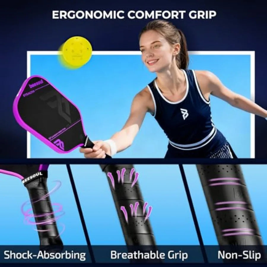 Woman playing pickleball with an ergonomic comfort grip paddle, highlighting features like shock-absorbing, breathable grip, and non-slip.