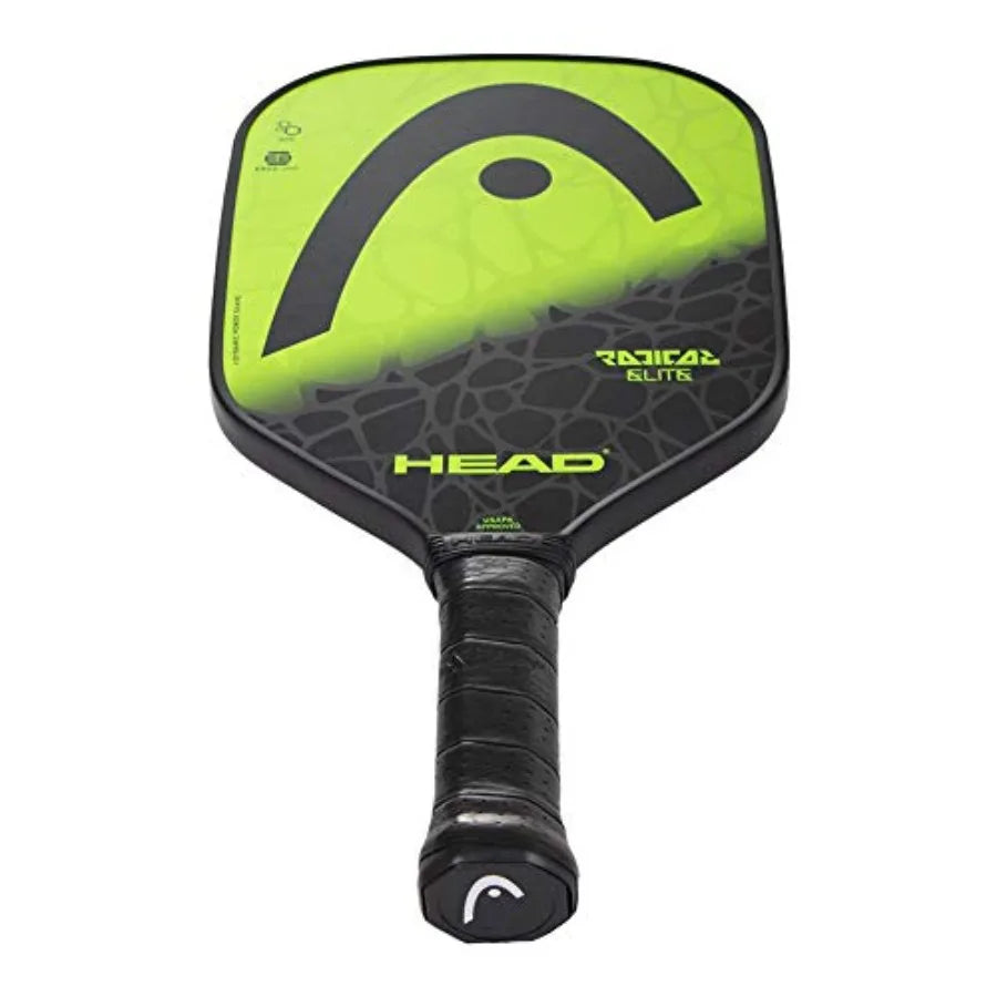 Pickleball paddle with green and black design on a white background