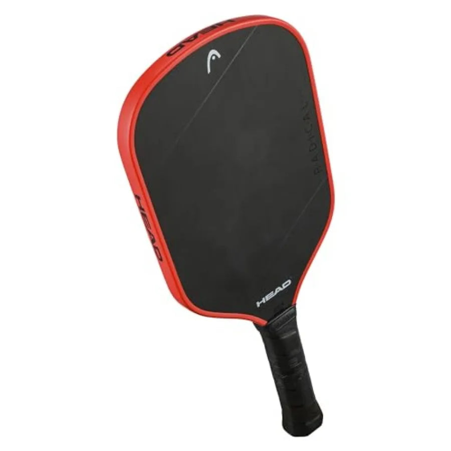 Black and red pickleball paddle on a white background