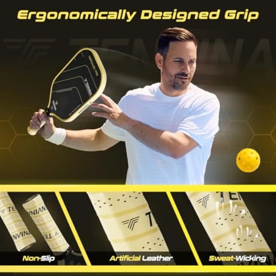 Man holding a pickleball paddle with text about ergonomic design, non-slip surface, artificial leather, and sweat-wicking properties.