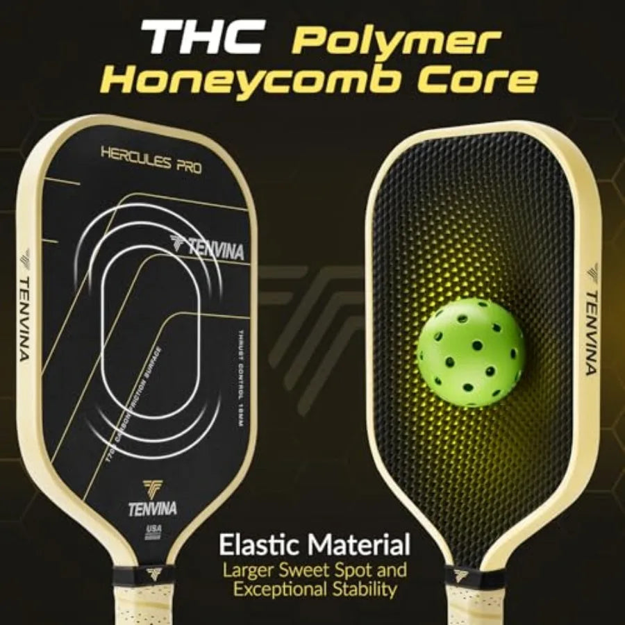 Tenvina pickleball paddle with THC Polymer Honeycomb Core design on a black background