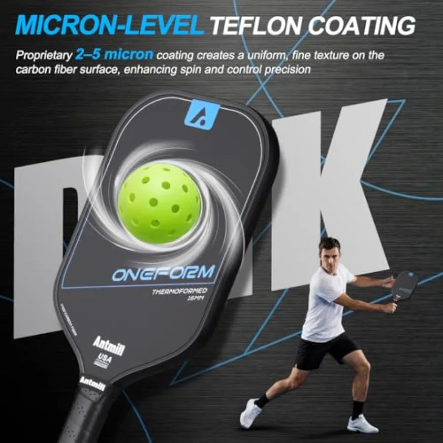 OneForm pickleball paddle with Teflon coating and a player in the background