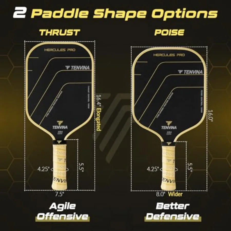 Two paddle shapes for a pickleball paddle with labels 'Thrust' and 'Poise' on a dark background.