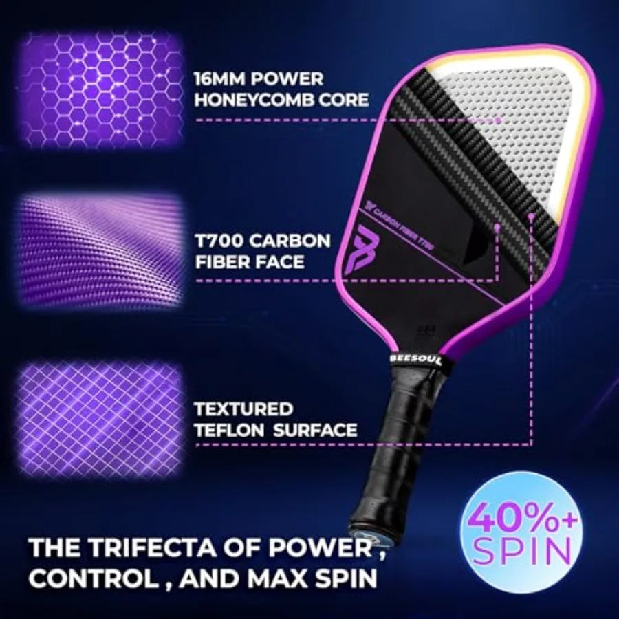 Pickleball paddle with technical specifications on a dark blue background