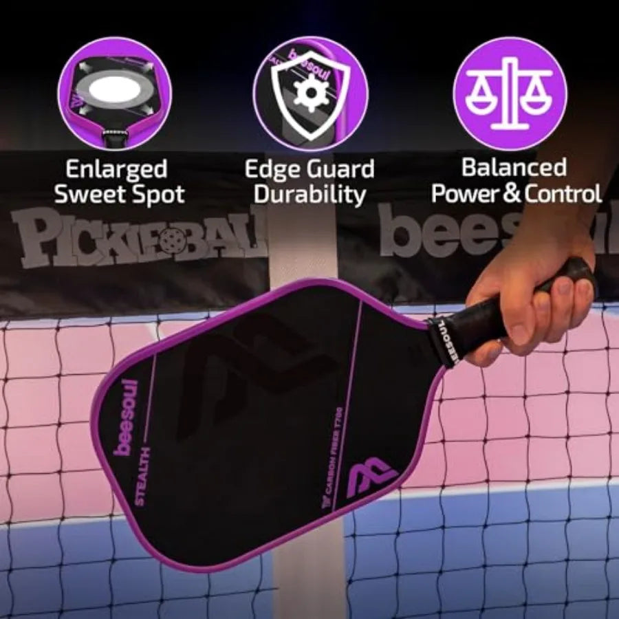 Purple and black pickleball paddle with features highlighted on a pickleball court background