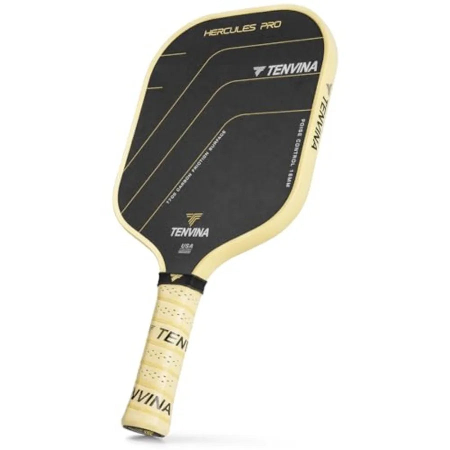 Pickleball paddle with black and yellow design on a white background